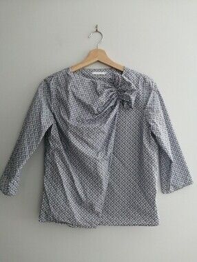 COS Asymmetrical Ruffle 3/4 Sleeve Blouse Navy Blue White Size 36 Or 6 US